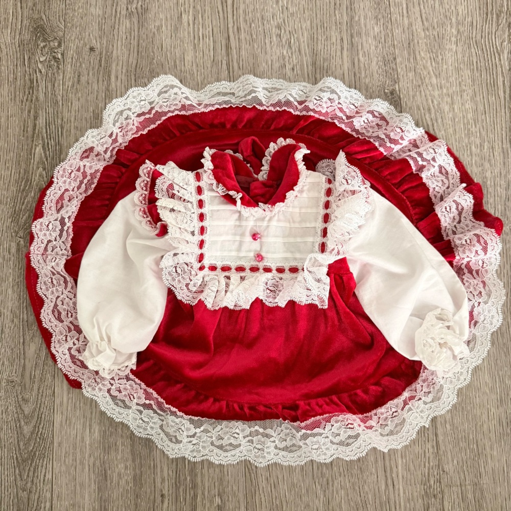 Vintage Little Love Dress Girls White Lace Red Full Circle